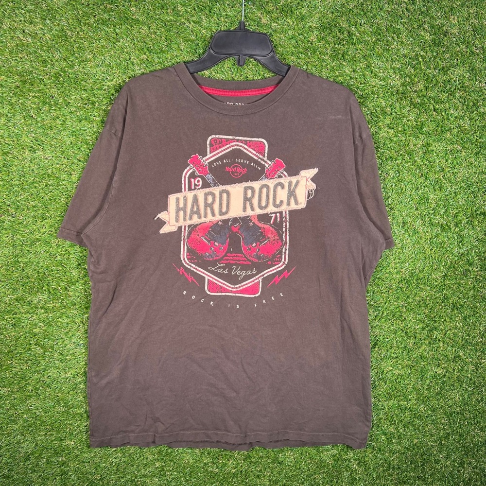 Hard Rock Cafe Las Vegas Graphic T-Shirt Mens Large Brown Guitar 1971
